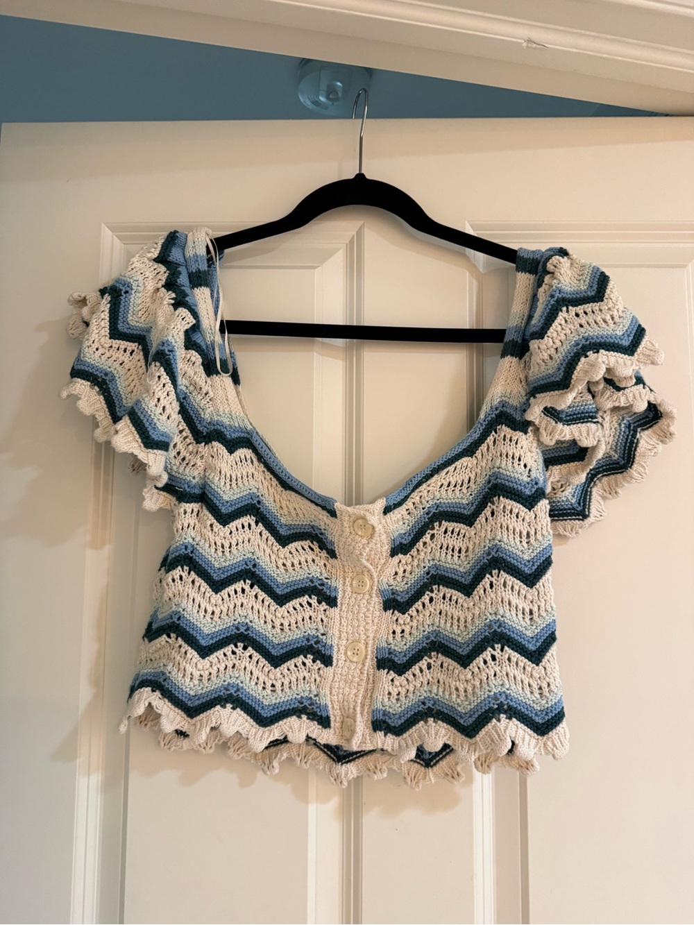Zara Cream & Blue Crochet Chevron Button Crop Top